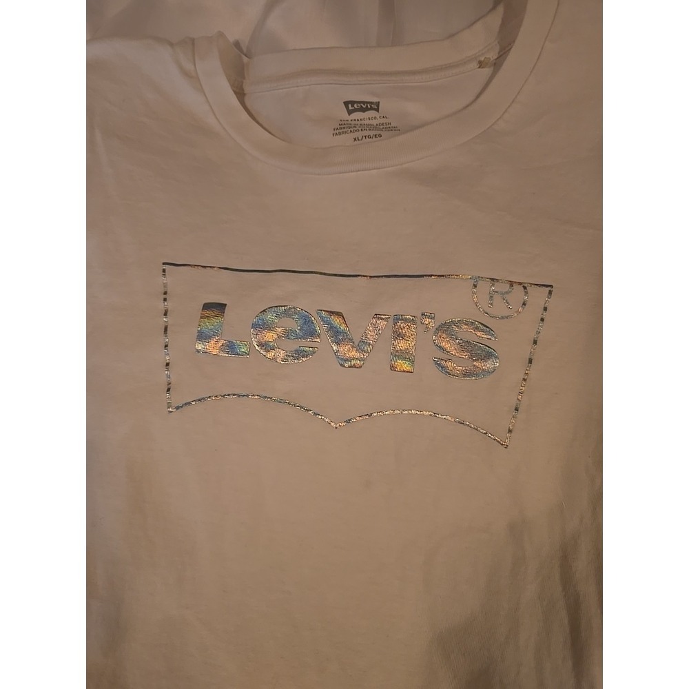 Levi's Silver Glitter Logo Graphic White‎ Short Sleeve Perfect Tee, Sz XL